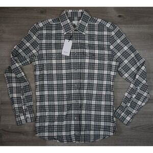$195 Reiss Twin Pocket Overshirt Mens Small Gray Tan Plaid Check Textured Cotton